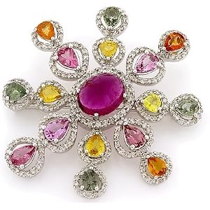 18K White Gold Gemstone Diamond Brooch by