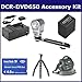 Sony DCR-DVD650 Camcorder Accessory Kit includes: SDNPFH100 Battery, SDM-109 Charger, SDMSPD4096 Memory Card, VID80C Case, ZE-VLK18 On-Camera Lighting, GP-22 Tripod