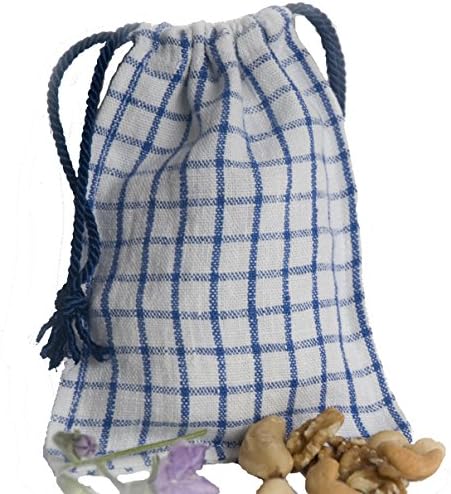 Pure Linen Snack Bag, Blue Check, Eco Friendly Lunch Container, Linen Lunch Bag with Drawstrings, FREE Shipping