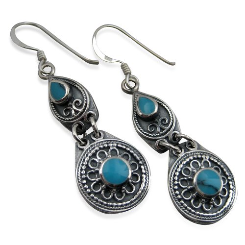 925 Silver Indian Turquoise Double Dangle Earrings Hawaiian Jewelry