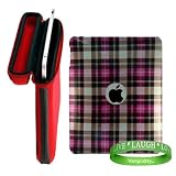 Apple iPad Ruby Red Snug Fit Canteen Style Hard Cube Case with Tilt Stand for Apple Ipad Tablet ( 3G , wifi , WiFi + 3G, MB292LL/A Tablet ) + Stylishly Designed Pink Plaid iPad Hard Snap On Case + VG Live * Laugh * Love Silicone Wrist band!!!