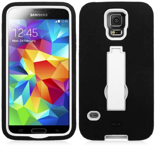 myLife Matte Midnight Black and Bright White - Shock Suit Survivor Series (Built in Kickstand + Easy Grip Silicone) 3 Piece + 2 Layer Case for NEW Galaxy S5 (5g) Smartphone By Samsung (External Flex Silicone Bumper Gel + Internal 2 Piece Rubberized Snap Fitted Armor Protector + Shock Absorbing Material)