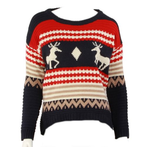 C-Princess ニット セーター スリム ノルディック ボーダー 縞柄 ロマンティック キュート カジュアル かわいい 優雅 上品 長袖 ワンサイズ 秋用 冬用 Uネック