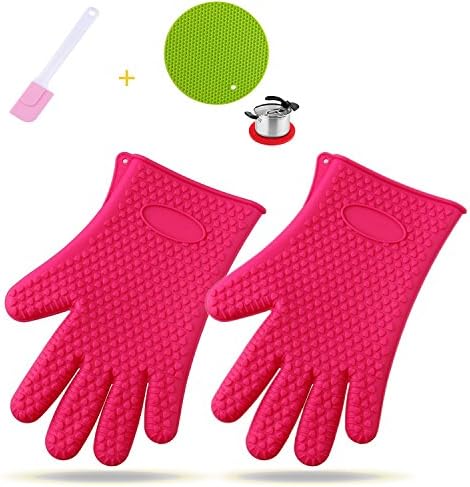 BYouker Heat Resistant thick Silicon Kitchen Barbecue Oven Cooking Glove BBQ Grill Glove Oven Mitt Baking Glove+Knift+Non-slip Mat (Red)
