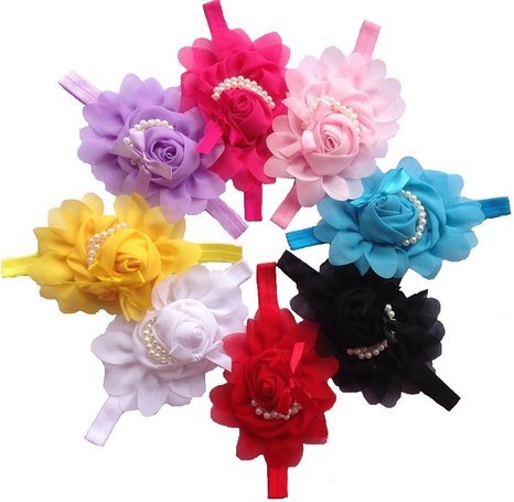 QS® Baby Girl Headbands with Chiffon Flower and Tiny Pearls (Pack of 8)
