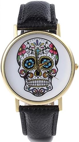 Xioroinmj Black Strap Alloy Case Women's Golden Day of Dead Sugar Skull Cross Quartz Analog Wrist Watch