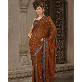 Buy Beautiful Brown Faux Georgette Embroidered Belly Dance Dress Saree Sari with Unstitched Blouse by Utsav
