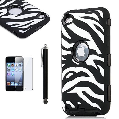 ULAK Zebra Design Combo Black Hard PC and Soft Silicon Case Cover for Apple iPod Touch 4 4th Gen + Stylus
