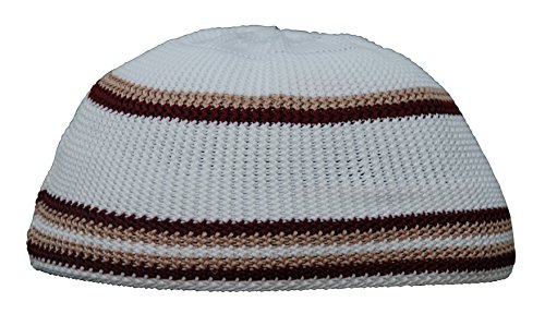 White Maroon & Brown High Quality Nylon Med-Large Stretchy Kufi Hat Skull Cap - Fits 21-23.5 inch Head Sizes