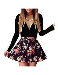 Sexy V-neck Cocktail Short Polyester Long Sleeves Full-Skirt Floral Print Plunging Neck Evening Dress/Party Dress/Mini Dress 
