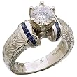 Platinum With Blue Sapphire Hand Engraved Engagement Ring (Center stone is not included)