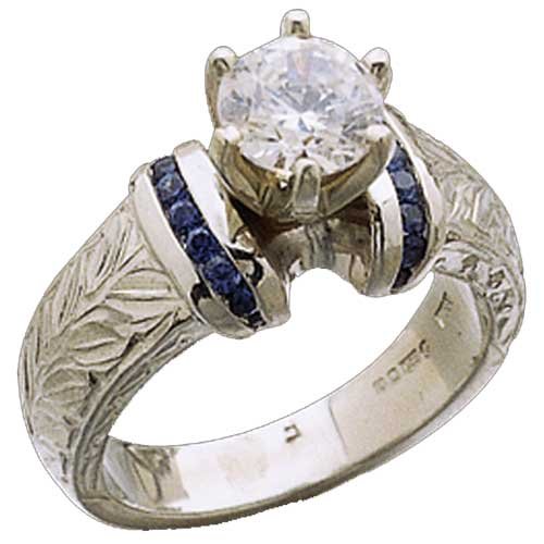 Platinum With Blue Sapphire Hand Engraved Engagement Ring (Center stone is not included)
