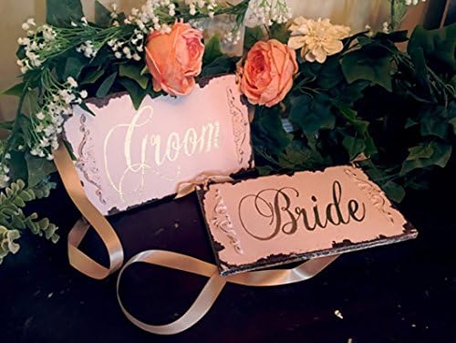 Bride and groom chair signs, blush and gold