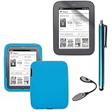 Skque Clear Screen Protector + Blue Soft Silicone Cover Case + Touch Screen Tablet/Smart Phone Stylus Pen(Blue Body) + Universal LED Clip-on Reading Book Light for Barnes&Noble Nook2, Nook Simple Touch tablet