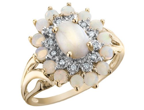 Opal Oval Ring with Diamonds 1.05 Carat (ctw) in 10K Yellow Gold