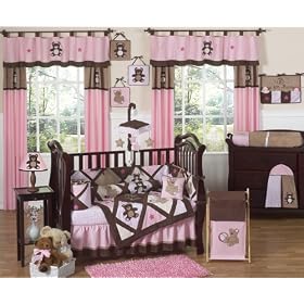 Pink and Chocolate Teddy Bear Baby Girls Bedding - 9pc Crib Set