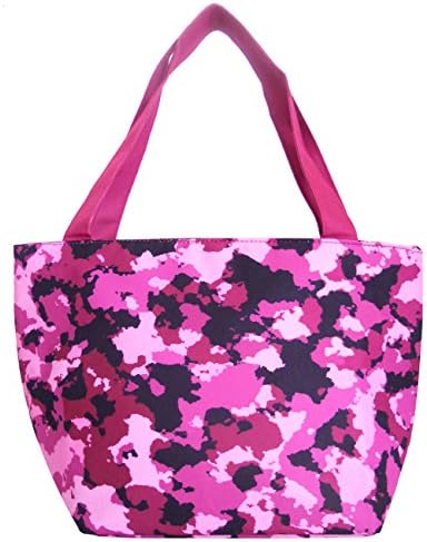 Artecobags Insulated Large Lunch Tote - With Top Zipper, Gold Interior and Shoulder Length Handles - Camouflage Mauve Pink