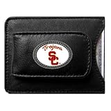 USC Trojans 5/8" Sterling Silver Round Trojan Head on Black Leather Money Clip / Credit Card Holder