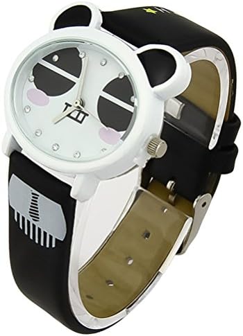 Foxqueena-143 PU Synthetic Leather Strap Panda Face Kids Quartz Cartoon Wrist Watches Black