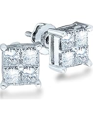 14k White Gold Princess Square Cut Channel Set Diamond 4-Prong Stud Earrings - 5mm Height * 5mm Width (1/2 cttw)