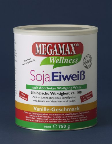 Megamax Soja Eiweiss (soy protein) Vanille. Für Muskelaufbau und Diaet. Biologische Wertigkeit ca. 100. Inhalt: 750 g.