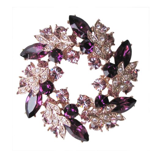 Gold Tone Purple Flowers Floral Wheel Medallion Austrian Crystal Pin Brooch BR94