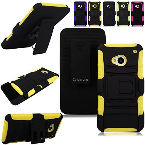 HTC One - Cellularvilla Hard Soft Dual Layer Hybrid Armor Shell Holster Kickstand Combo Case with Locking Belt Swivel Clip Cover for HTC One M7 (Yellow Black)
