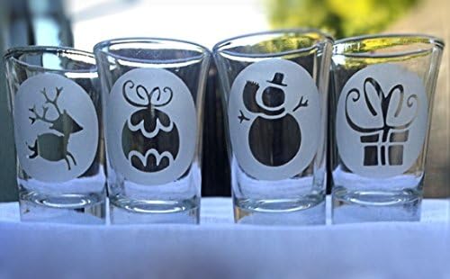 Christmas Shot Glasses: Reindeer, Ornament, Snowman and Present Shot Glass - Hand Engraved Set of 4