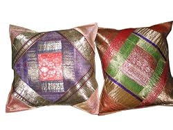 Pair of Decorative Peach Vintage Silk Sari Toss Pillow Shams Red Cushion Covers