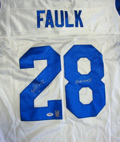 Marshall Faulk Autographed St. Louis Rams White Jersey HOF 20XI PSA/DNA