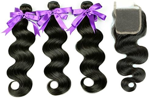 Liron Hair Peruvian Body Wave With Closure Unprocessed Remy Virgin Human Hair Extensions 3Bundles + 1pc Free Part Lace Closure (22" 24" 26" weft + 16"closure)