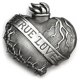 Click here to buy TRUE LOVE BANNER Belt Buckle Flaming Heart Sweetheart by Barker's Buckles.
