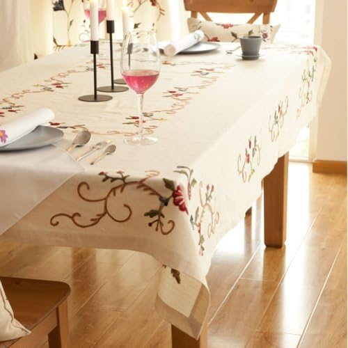 SewForever Floral Embroidered Linen Cotton Rectangular TableCloth, 66.9 x 43.3inches