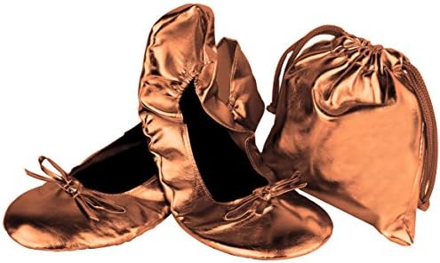 Women's Foldable Portable Travel Ballet Flat Shoes With Matching Carrying Bag (Small, Bronze)