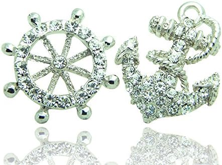 Halei Premium Grade Silver Plated White Crystal Diamond Shipwheel and Anchor Shaped Stud Earrings.
