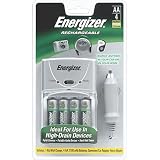 Energizer e2 Charger for AA & AAA Rechargeable Batteries with Car and Home Adapter & 4 AA Batteries