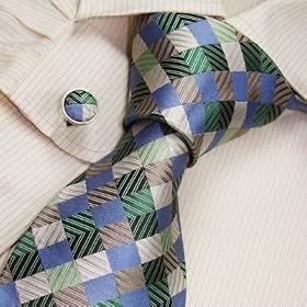 S2054 Designer Hand Made Blue Green Necktie Cufflinks Set Brown Checkers Plaids Ties for Men...