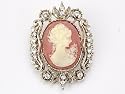 Vintage Tone Floral Silver Victorian Era Cameo Profile Maiden Crystal Brooch Pin