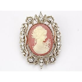 Vintage Tone Floral Silver Victorian Era Cameo Profile Maiden Crystal Brooch Pin: Jewelry