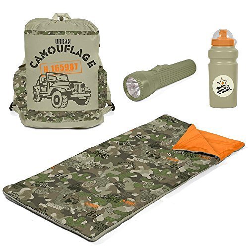 CCs Camouflage Sleeping Bag Set with Flashlight, Water Bottle, Backpack for Kids. Camo Slumber Duffle Combo - Bunk Adventure in a Bag. by Overstock Store