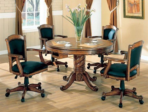 3-in-1 Oak Finished Wood Poker, Pool, Game, Dining Table and 4 Chairs Set