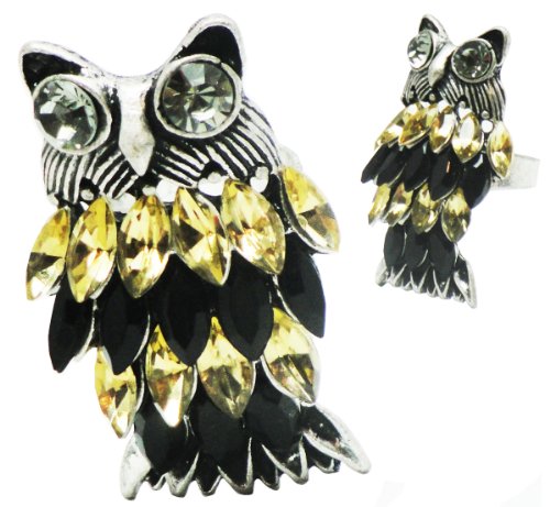 BIG Wise Owl Matte Silver/Pewter Finished Fashion Ring with Black & Amber Feathers
