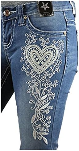 RS Ranch Blooming Heart Embroidered Boot Cut Denim Jean Tall 34" Lace Embellished (30)