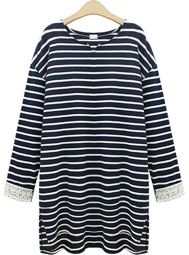 (イイネショップ) eeNeshop ロング丈 レース 切替 ボーダー カットソー