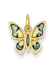 14k Yellow Gold Light Blue, Dark Blue and Yellow Enameled Butterfly Pendant