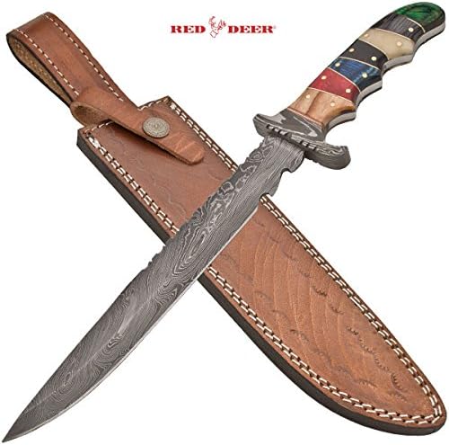 DHK-412 Red Deer Damascus Dagger With ULN6xSNk Real Leather Sheath Multicolored folding knife edge sharp steel ytkbio tikos567 bgf 9 inch blade length - Real SUPER sharp, Damascus steel15 inch overall length - Full tangReal QnaoMx leather sheath with button snap holderEngraved brass button on sheathHandle includes gold finish and red, DjwAZTTc blue and green pakka wood with animal bone and horn