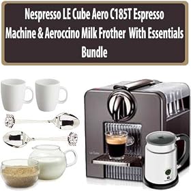 Nespresso LE Cube Aero in-Pack C185T Titan Gray Espresso Machine & Aeroccino Milk Frother Cream & Sugar Set With Two Coffee Mug's And Two Demi Spoon's