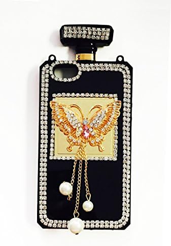 Stylish Crystal Diamond Rhinestones 3D Luxury Shining Butterfly Perfume Bottle Phone Case with Gold/Black Leather Chain (Gold/Pink Crystal iPhone 5/5S)