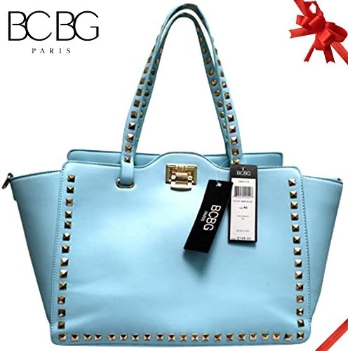 Bcbg Paris Simple Square Stud Tote W/Clasp Close , Style Pure Color Pu Leather Tote Shoulder Handbag for Women (Baby Blue)