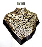 Satin Gold Oriental Paisley Print on Black - Silk Square Scarf 35x35 (FMS04780)